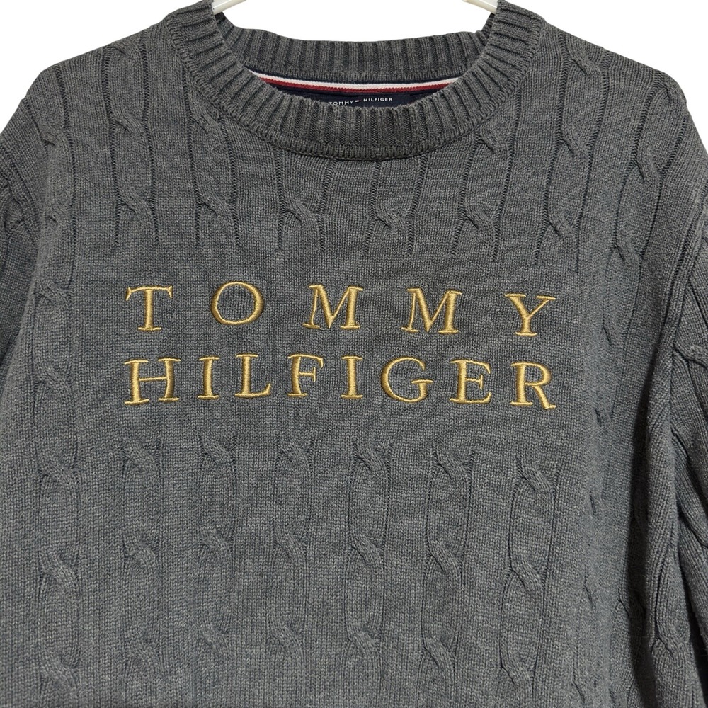 Vintage Tommy Hilfiger Men's Large Cable Knit spell out sweater Gray With Gold
